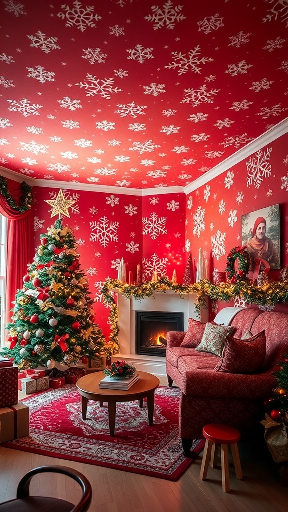 Festive Red Christmas Wallpaper Ideas Living room with red Christmas wallpaper and festive decorations.